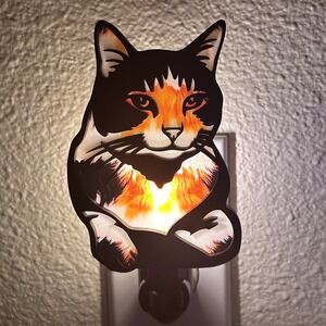 Handmade Cat Night Light Plug In Black Calico Orange Warm Glow Cozy Ambiance